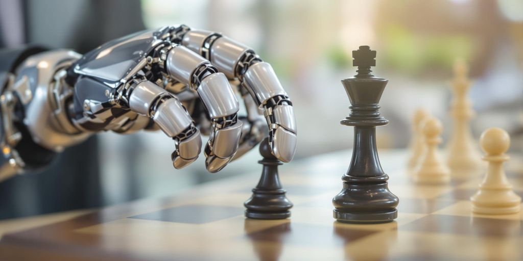 Robot hand placing chess piece on board.